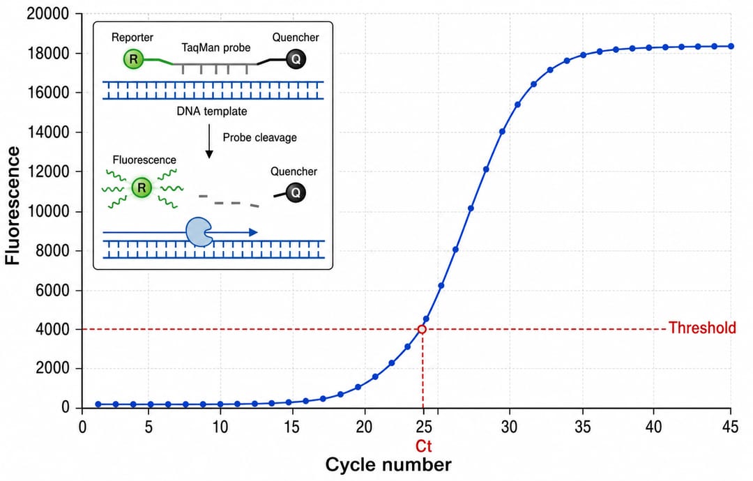 Diagrama de qPCR mostrando um gráfico de amplificação de PCR em tempo real de fluorescência versus número de ciclos com uma curva sigmoide, linha de threshold e valor de Ct marcado