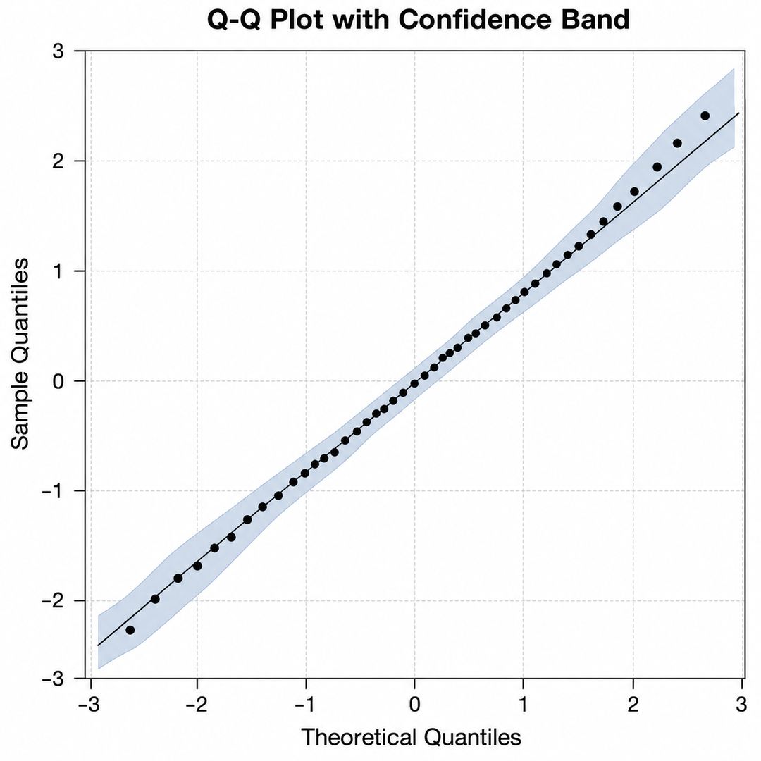 Gráfico Q-Q con una banda de confianza del 95 por ciento alrededor de la línea de referencia