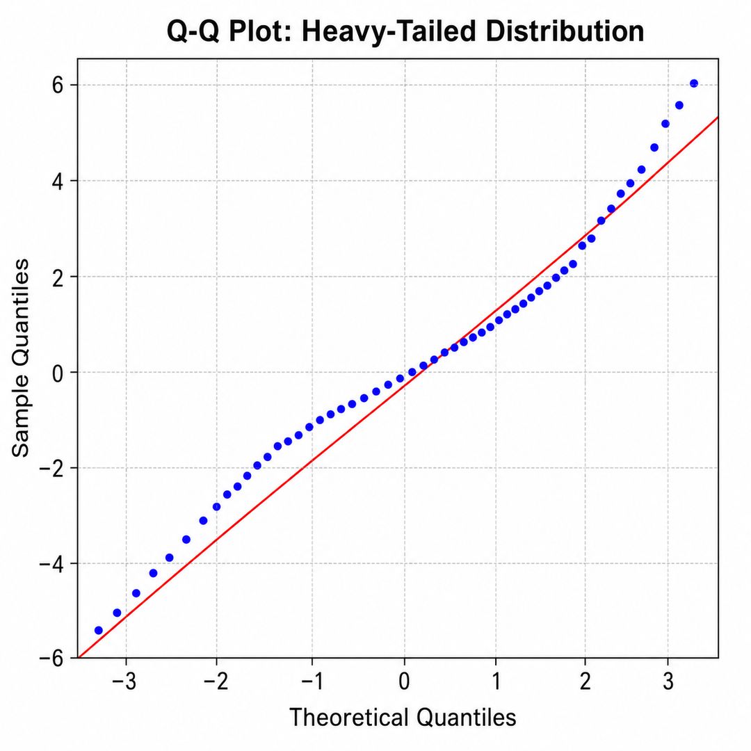 Gráfico Q-Q cuyas dos colas se desvían de la línea de referencia, lo que es consistente con observaciones de colas pesadas
