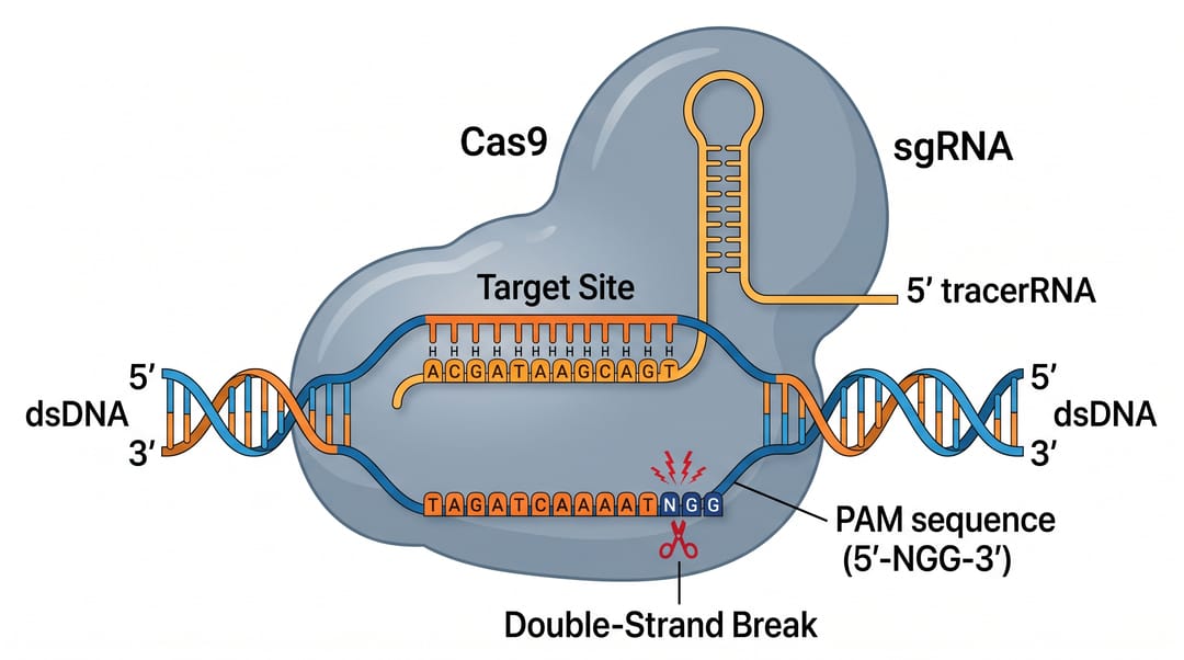 Cas9 단백질, 표적 DNA와 염기쌍 결합하는 가이드 RNA, PAM 서열, 이중가닥 절단 부위를 보여주는 CRISPR-Cas9 메커니즘 다이어그램