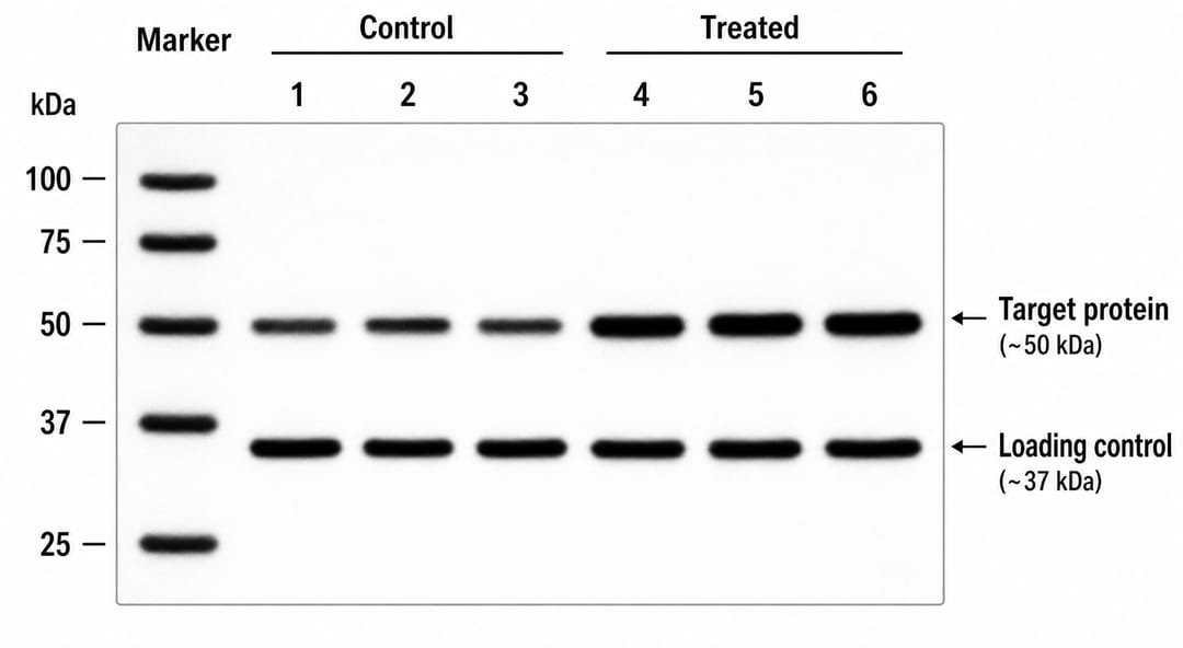 Western-Blot-Ergebnisabbildung mit beschrifteten Proteinbanden über mehrere Spuren, einer Ladekontrolle und einer kDa-Molekulargewichtsleiter