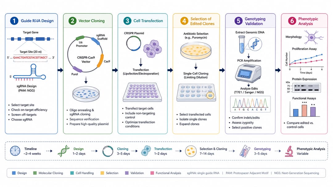 가이드 RNA 설계부터 형질주입, 클론 선별, 유전자형 검증까지의 CRISPR-Cas9 유전자편집 워크플로 다이어그램