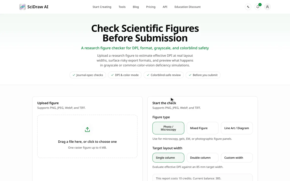 Uploading a figure to Figure Checker, choosing Mixed Figure and Double column, and reading the report.