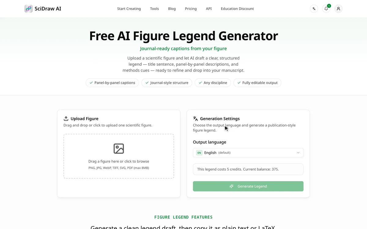 Uploading a figure to Figure Legend, choosing English, generating the legend and copying the LaTeX caption.