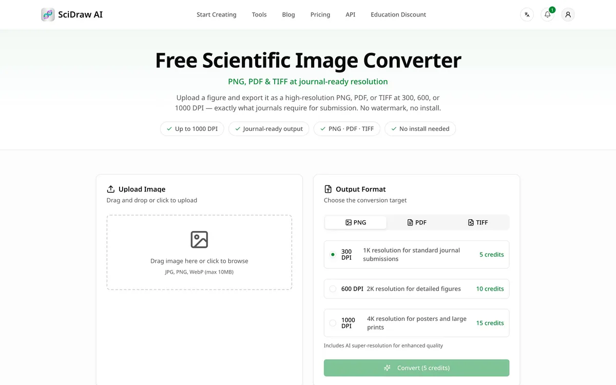 在 /convert 上传一张图，选择 TIFF 和 600 DPI 档，转换并下载。