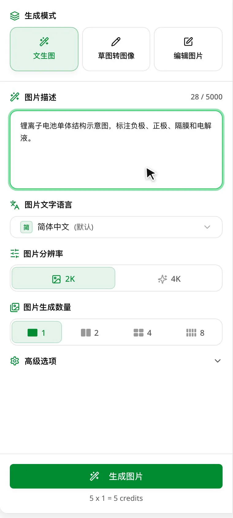 把图片分辨率切到 4K、宽高比选 16:9、图片生成数量选 4,按钮下方的积分随之更新。