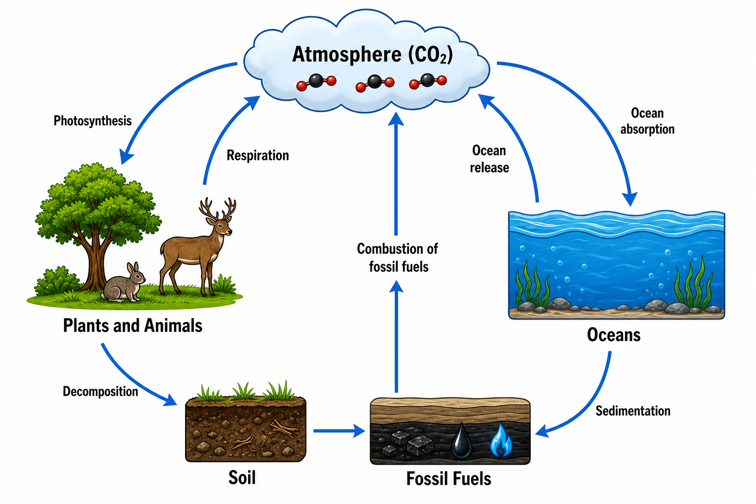 Diagramma dei cicli biogeochimici — Disegna cicli etichettati del carbonio, dell'azoto, dell'acqua e di altri nutrienti.