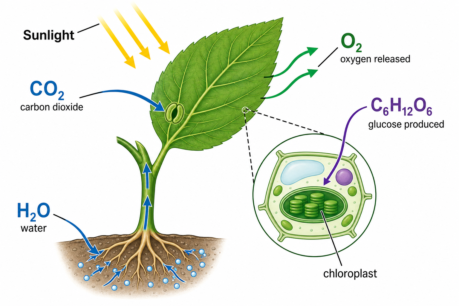 Photosynthesis Diagram Generator — Labeled photosynthesis diagrams — overview, light reactions, Calvin cycle, and equation.