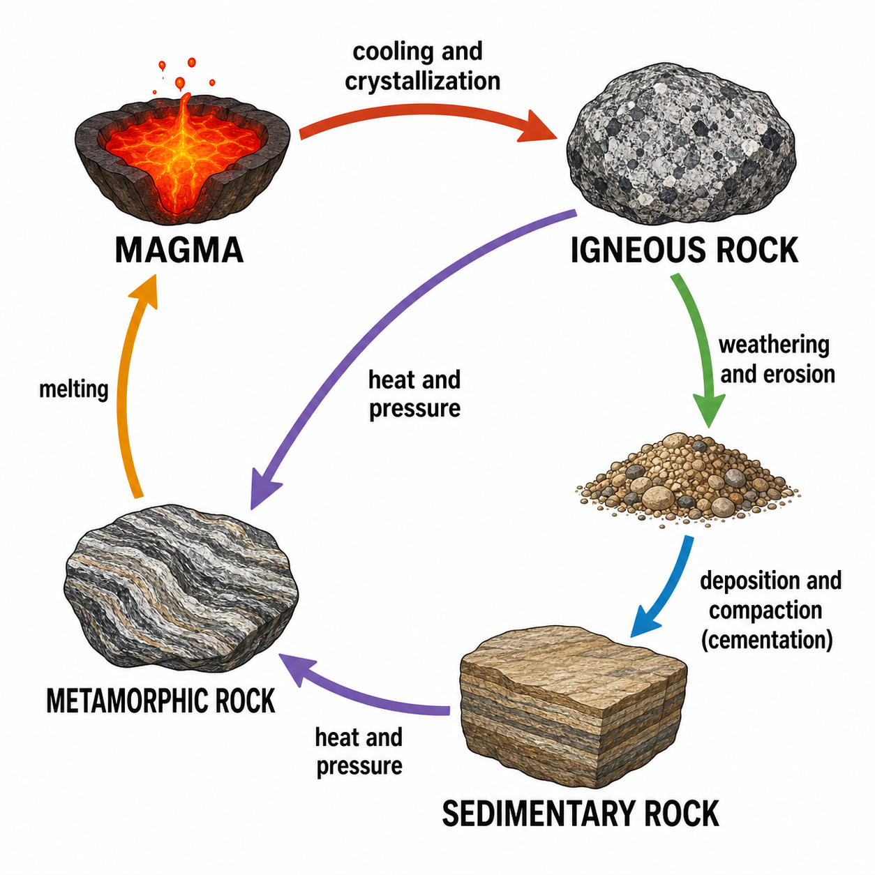 Generatore di diagrammi del ciclo delle rocce — Disegna diagrammi del ciclo delle rocce etichettati con rocce ignee, sedimentarie e metamorfiche con l'IA.